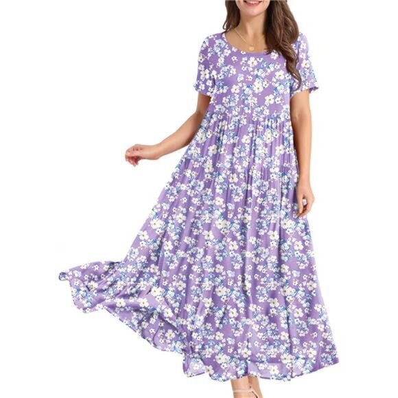 Women's‎ Casual Bohemian Floral Maxi Dress with Pockets, Short Sleeve, Loose Fit - Picture 1 of 6